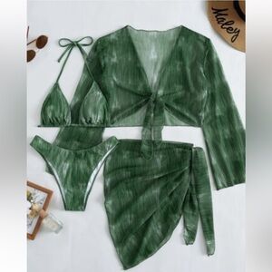 NWOT Green Tie-Dye Bikini Set with Cover-Up top and skirt